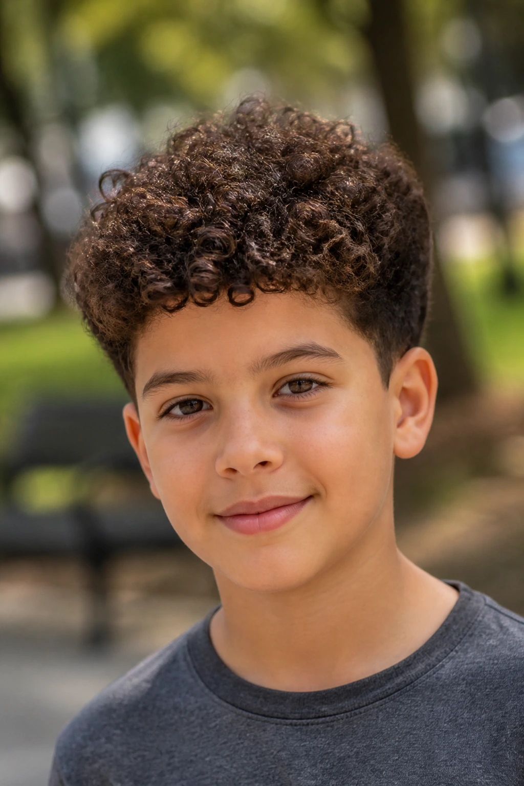 Close-up portrait of a boy with curly hair showing a shape that grows well