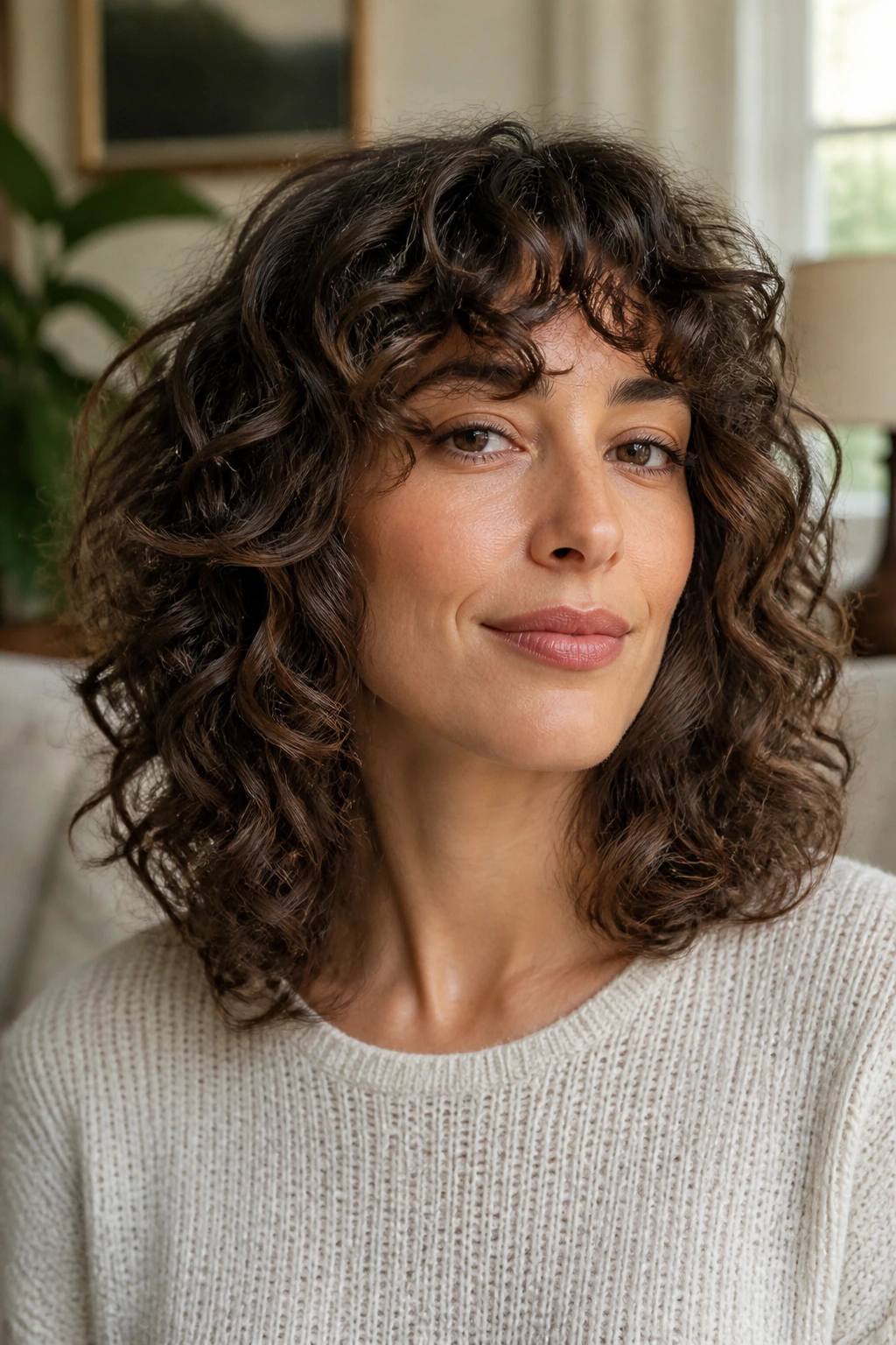 Real woman with Curly Shoulder Chop With Halo Layers, shoulder-length curls in halo layers under natural light