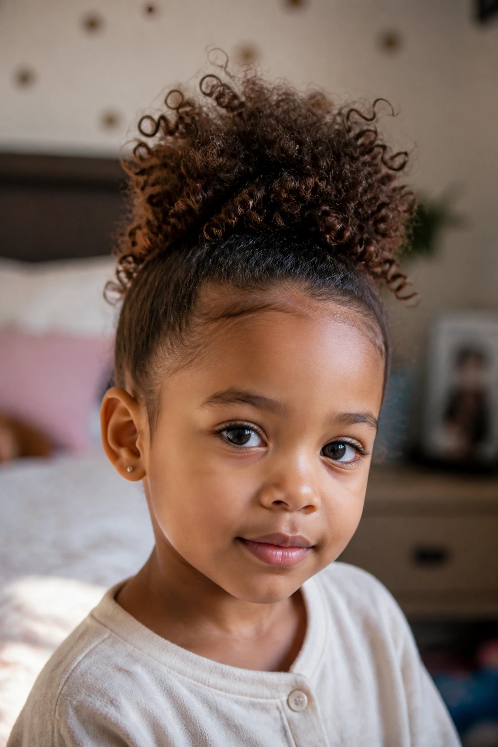 Portrait of child with curly high puff hairstyle in soft light.