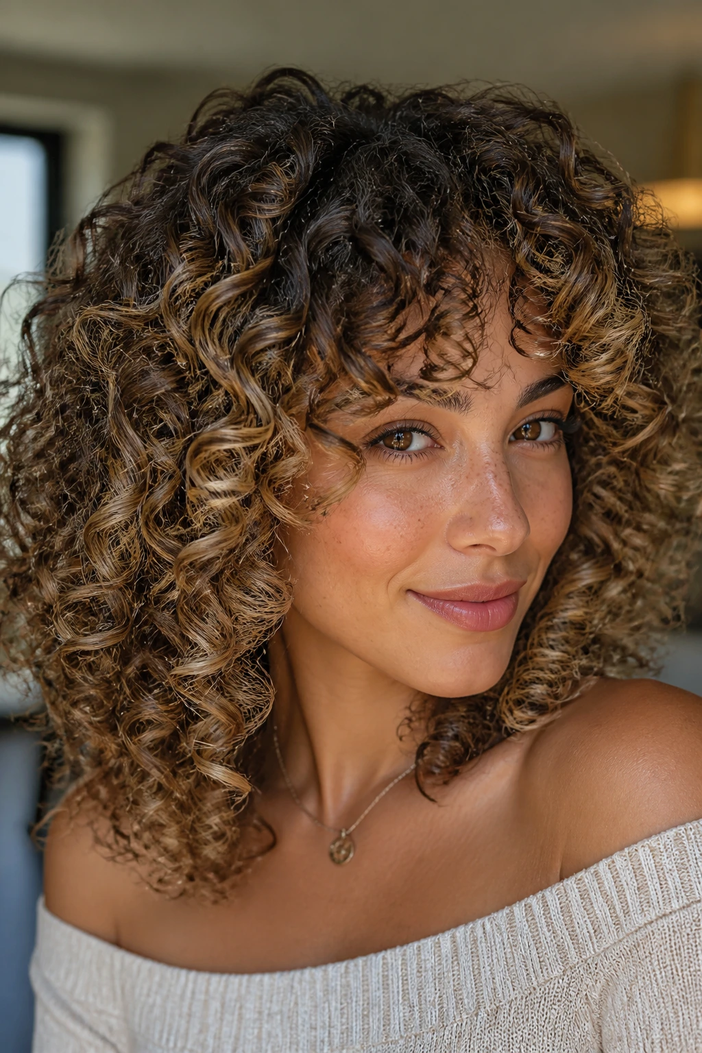 Close-up of curly hair with multidimensional highlights showing depth and movement