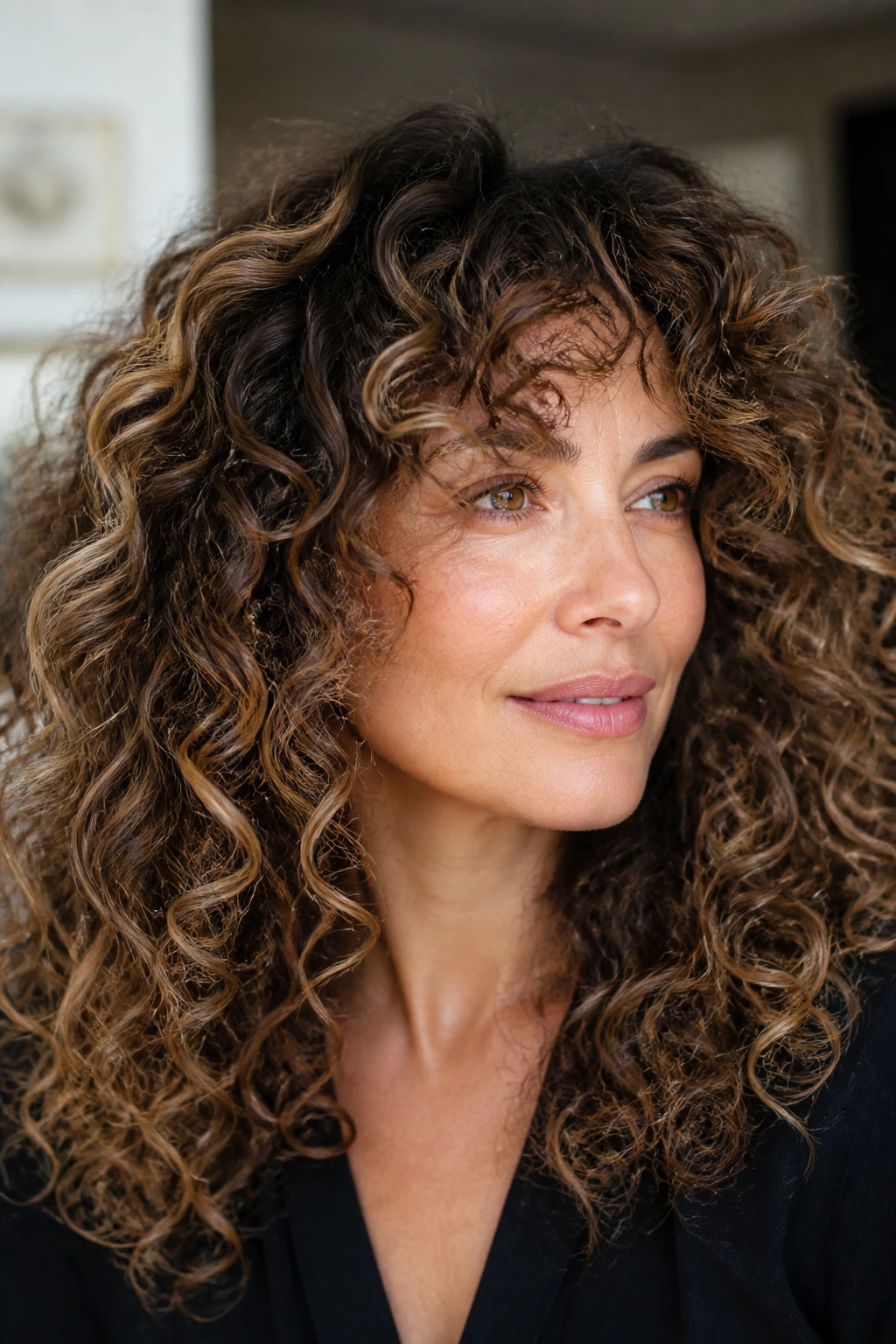 Real woman with curly hair showing outer halo highlights
