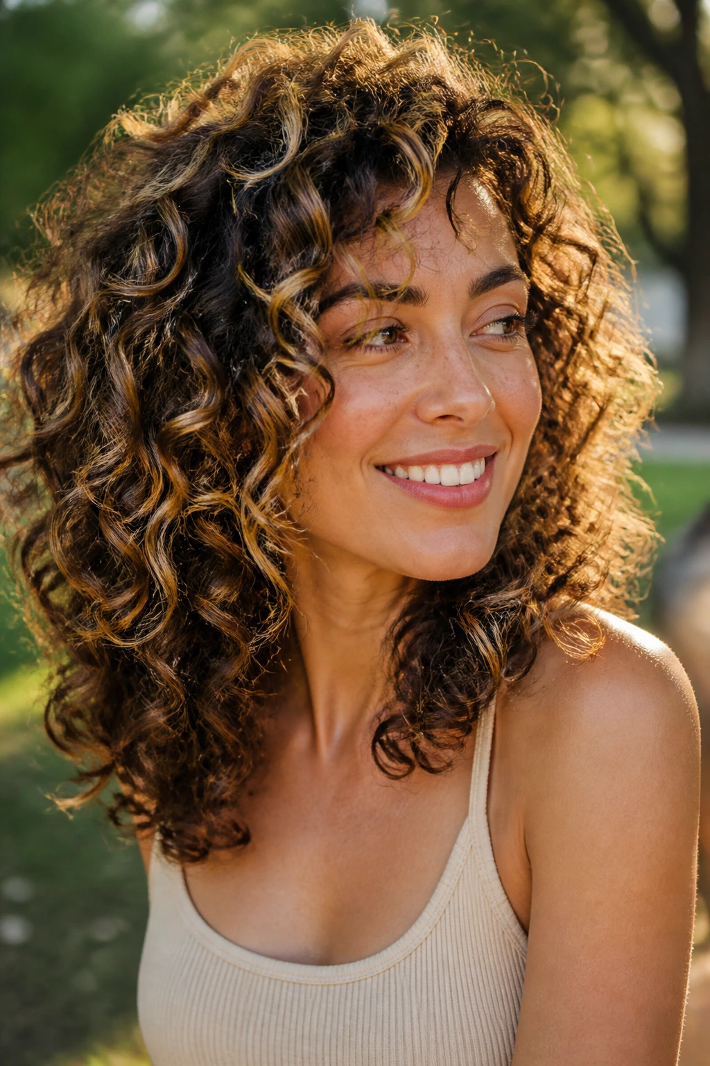 Close-up of a real woman with curly layered hair and sun-kissed ribbons
