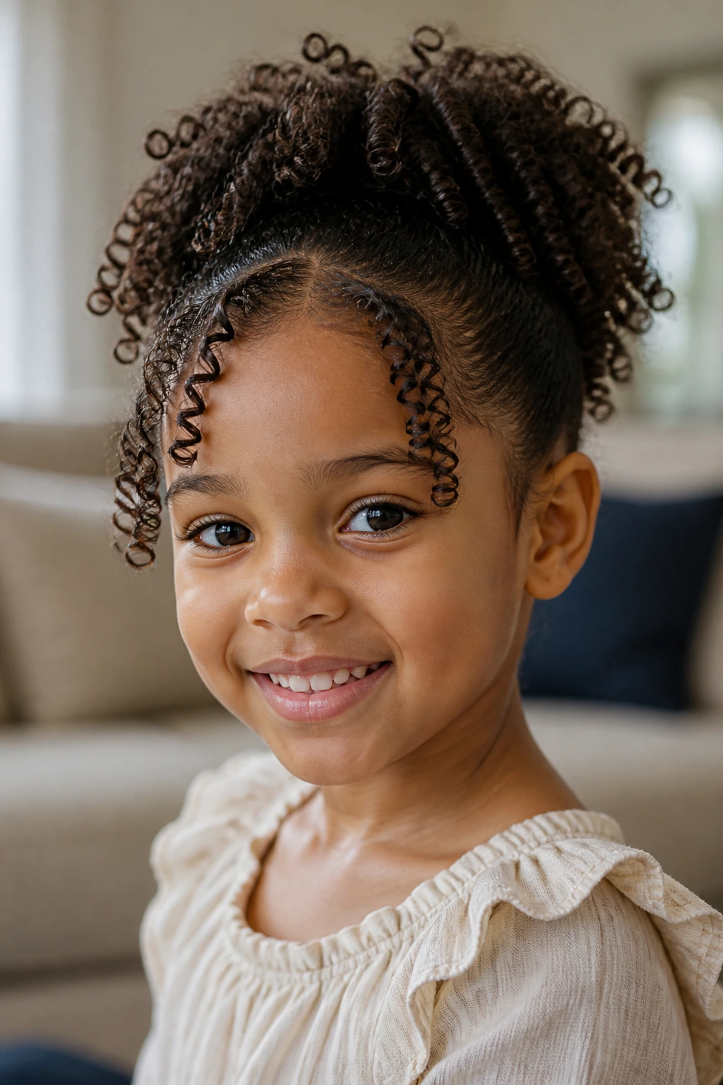 Girl with natural springy curls held up without stiffness