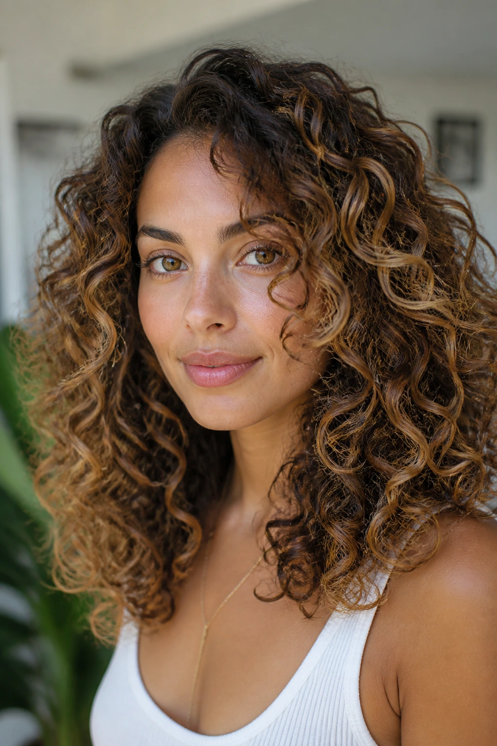 Close-up of a real person with curly layered cut and honey balayage ribbons