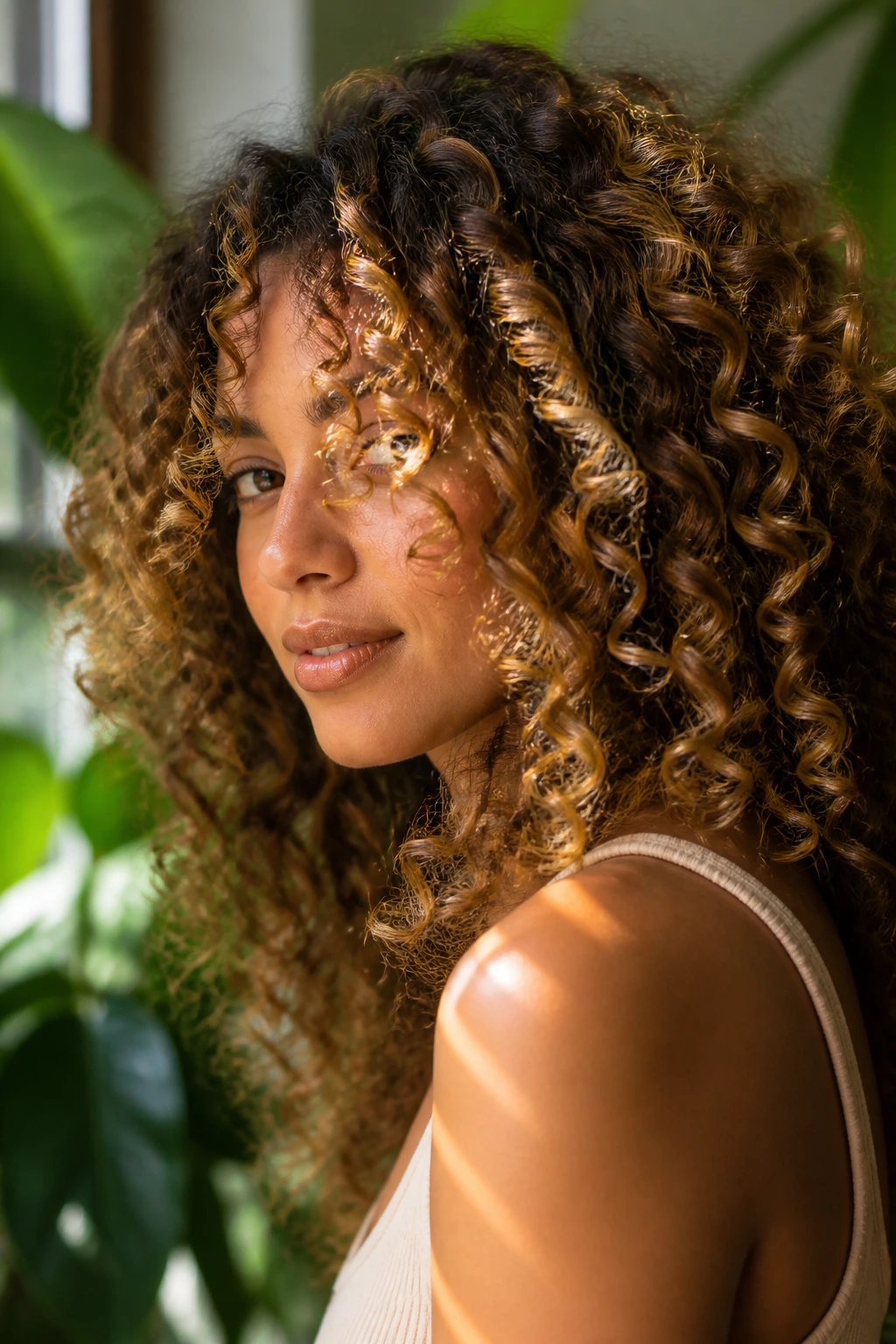 Close-up of a real woman with curly hair and honey ribbon highlights catching sunlight