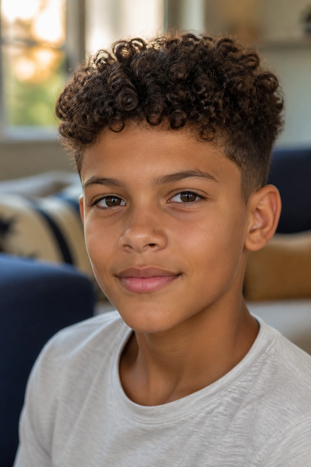 Close-up of a real boy with a neat curly haircut showing shrinkage and shape in natural light