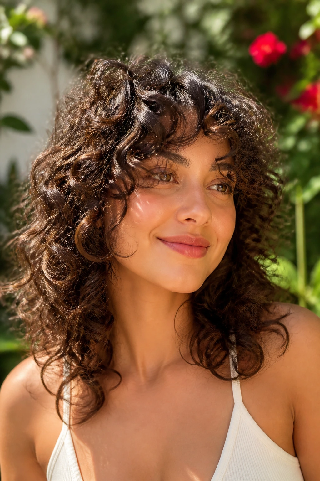 Real person with defined curls and airy layers around the cheeks.