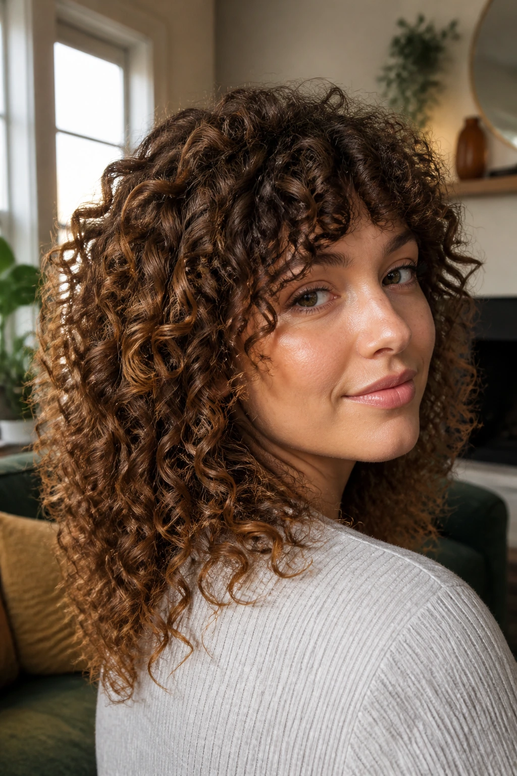 Close-up of a real woman with subtle internal curly layers for bounce in natural light