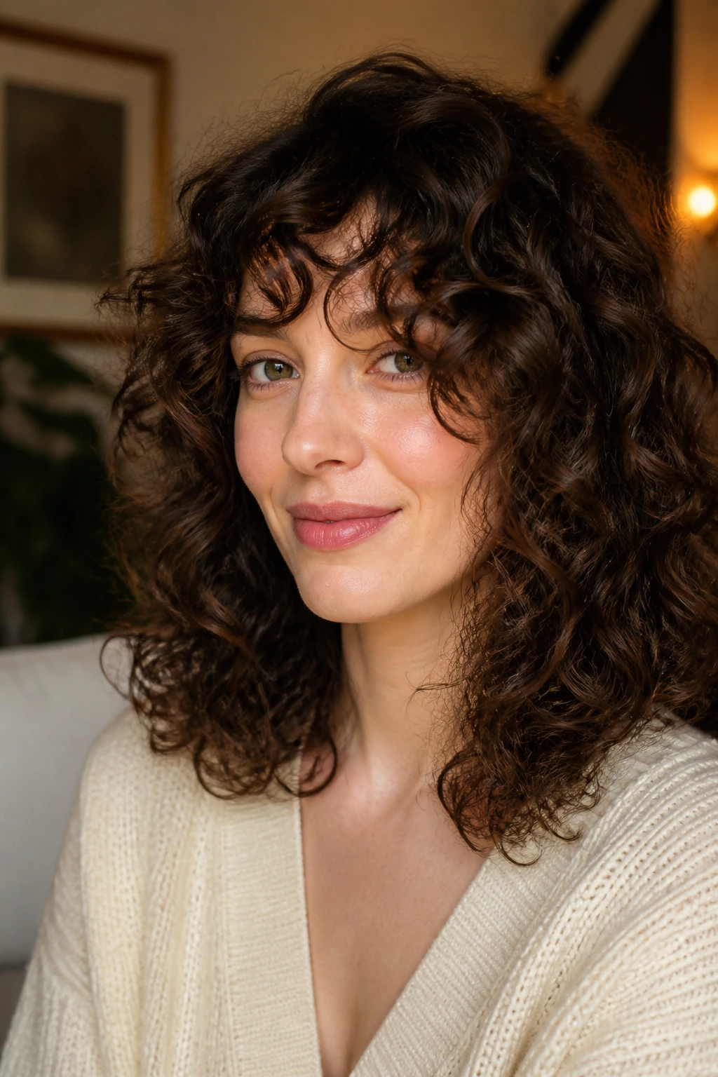 Close-up of a real woman with medium-length curly layered hair in warm natural light