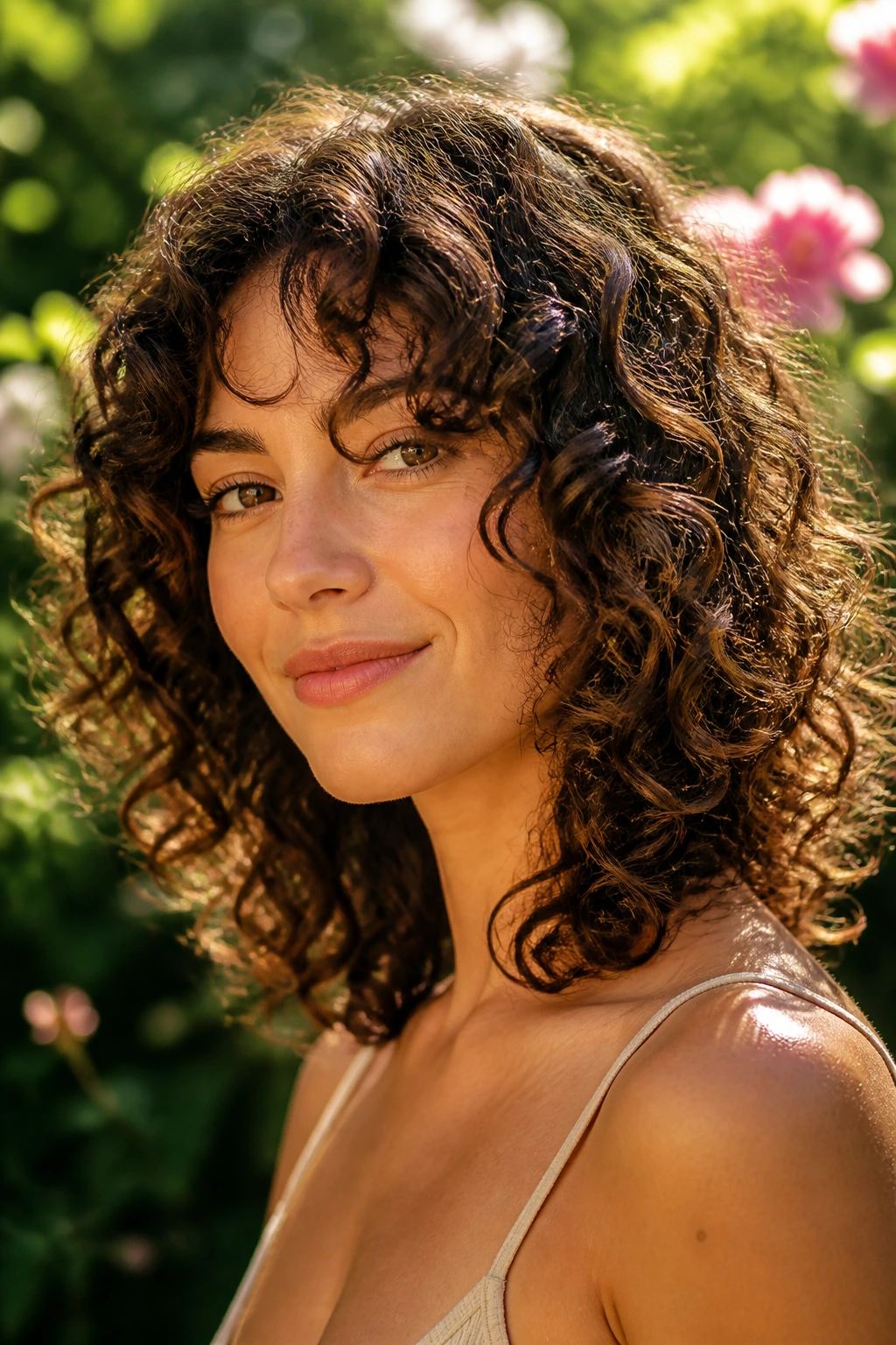 Close-up of a real woman with curly hair showing layered curls following natural pattern