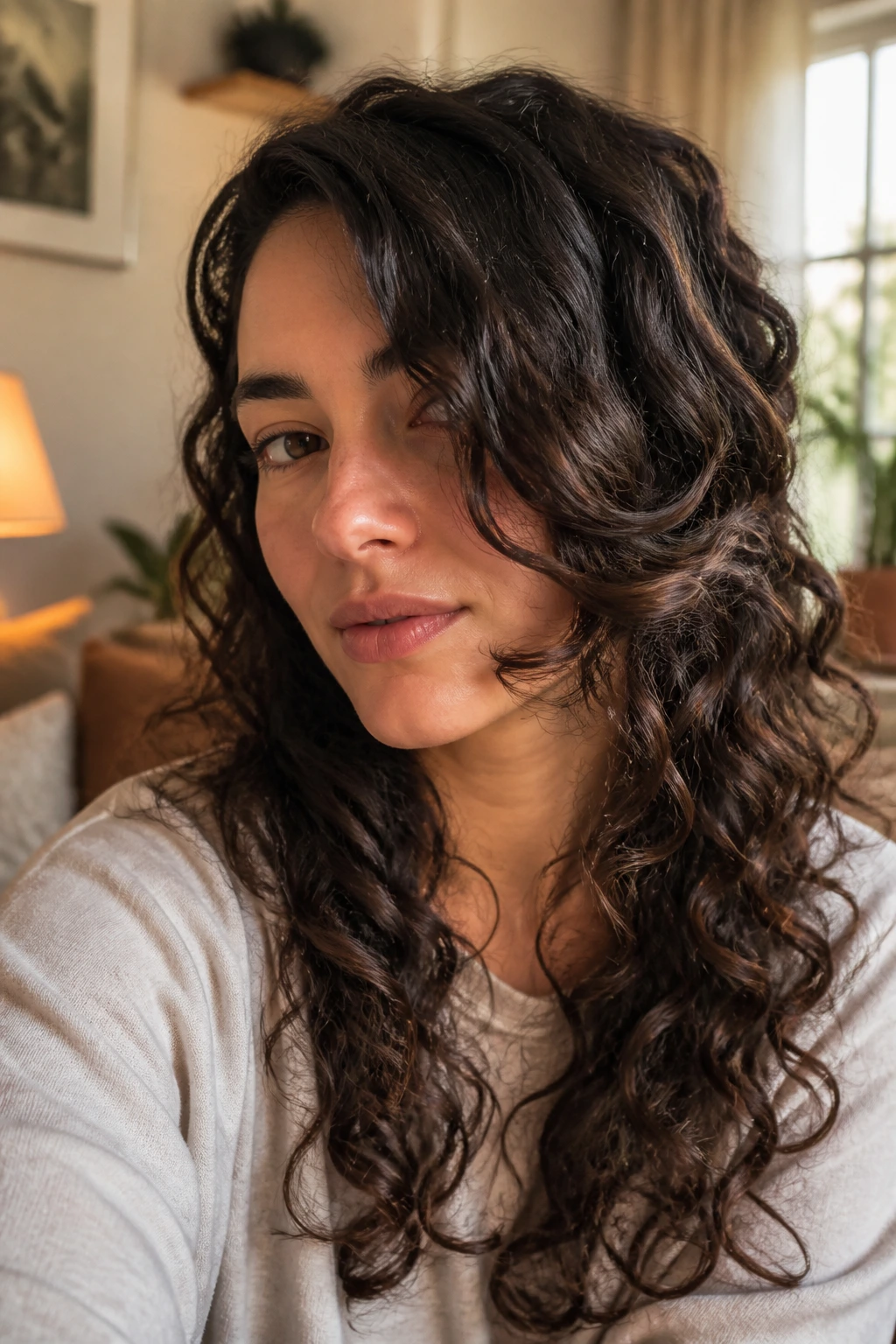 Close-up of a real woman with deep side-swept front pieces in curly hair.