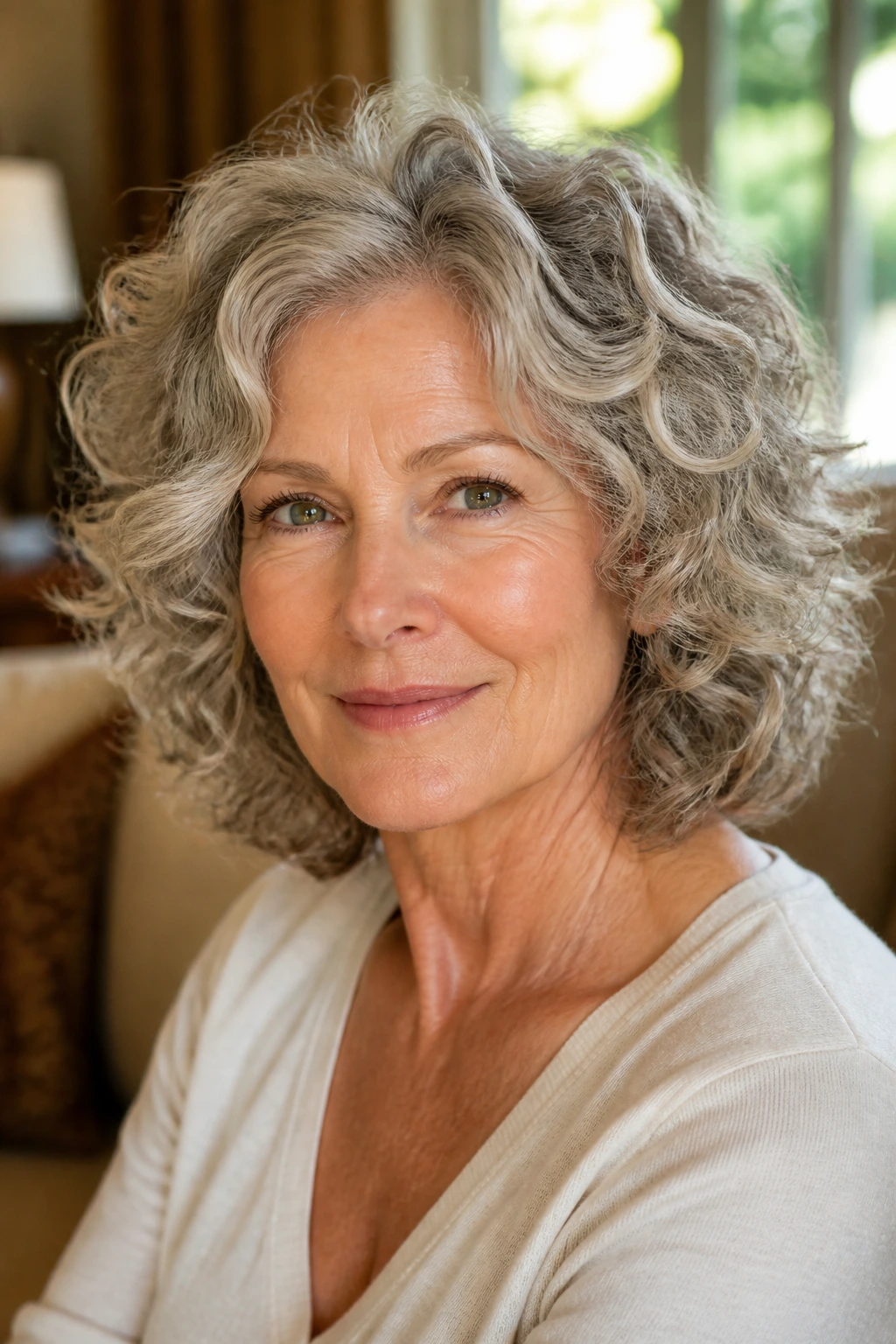 Portrait of a woman with softly brushed-out curls at medium length