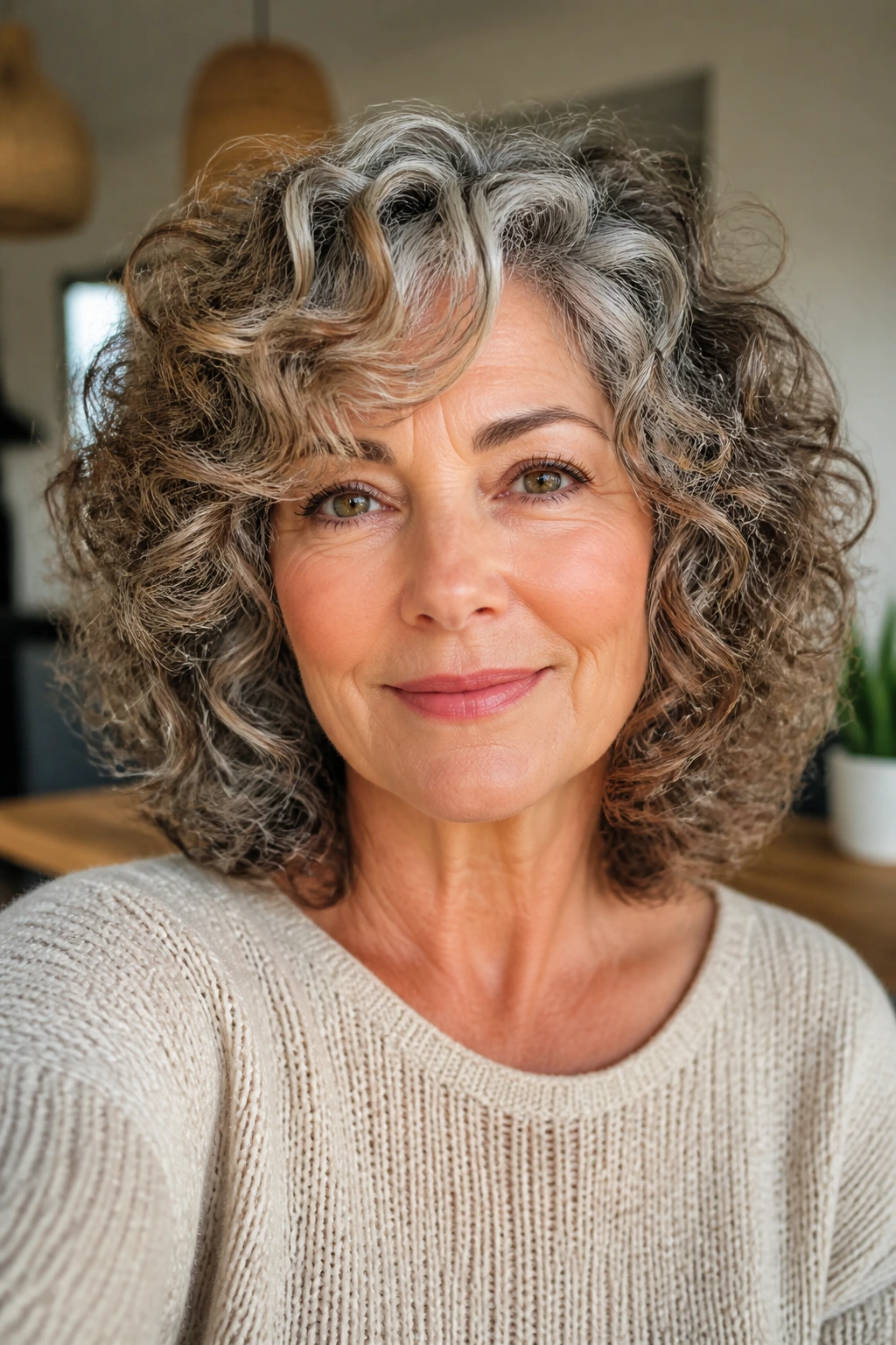 Close-up of a real woman with curly hair and rounded medium layers