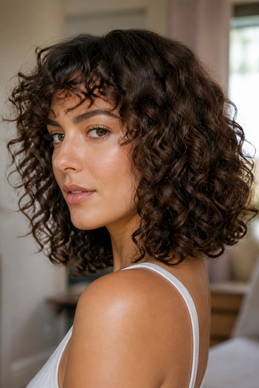 Close-up of a real woman with a curly lob illustrating why the lob works on curly hair