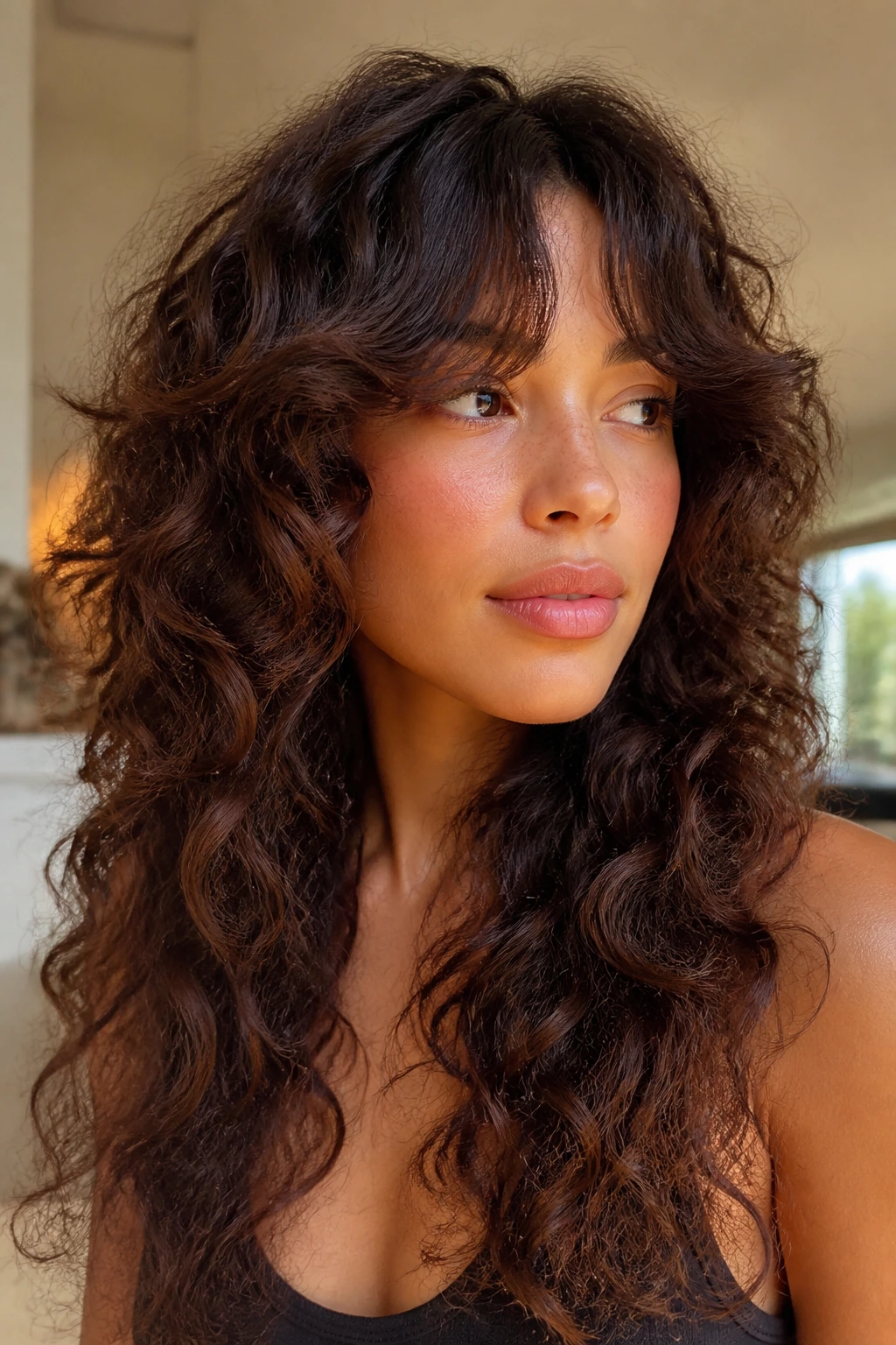 Close-up portrait of a real woman with curly long layers and rounded curtain fringe, natural window light