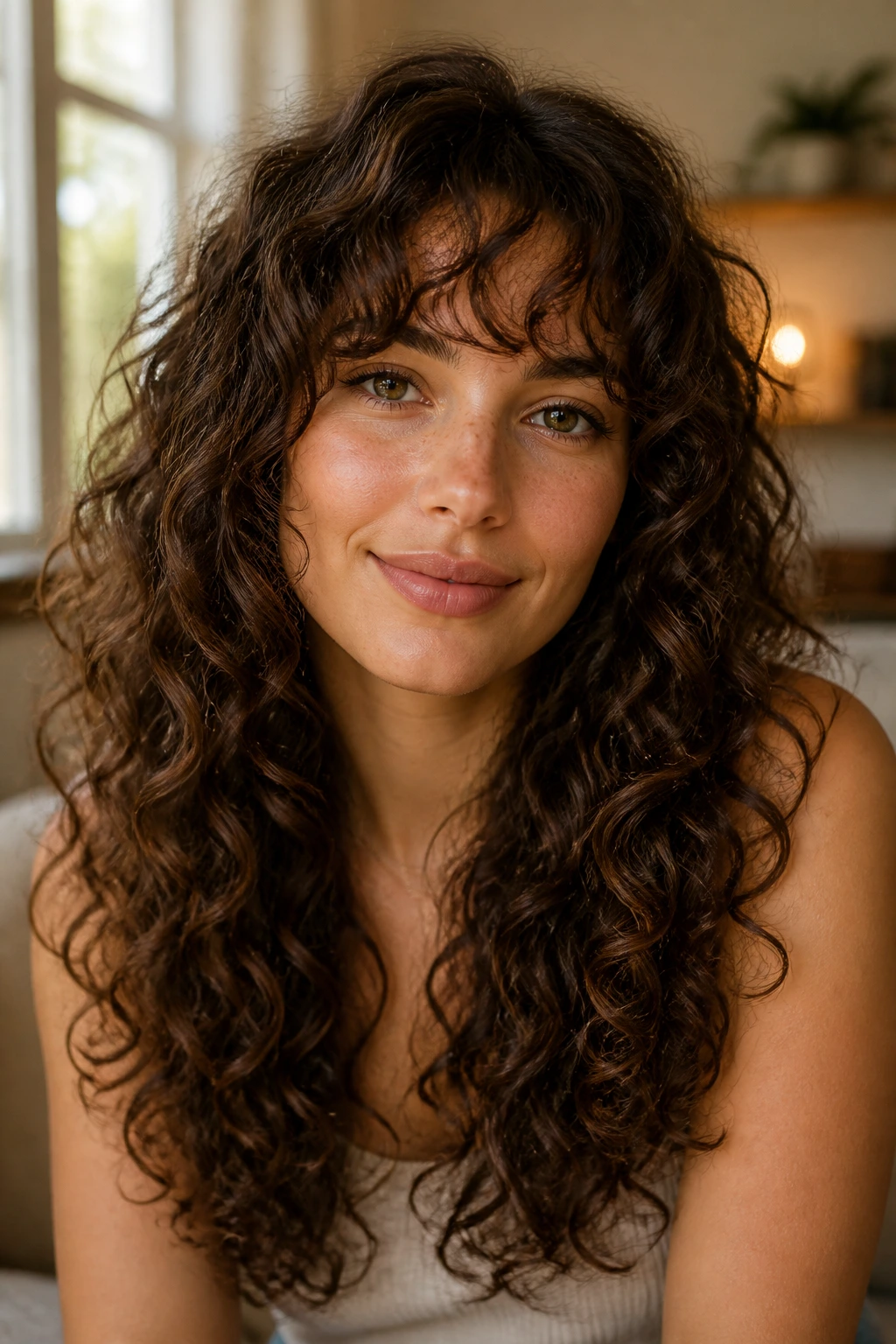 Close-up of a real woman with long curly layers and curly fringe