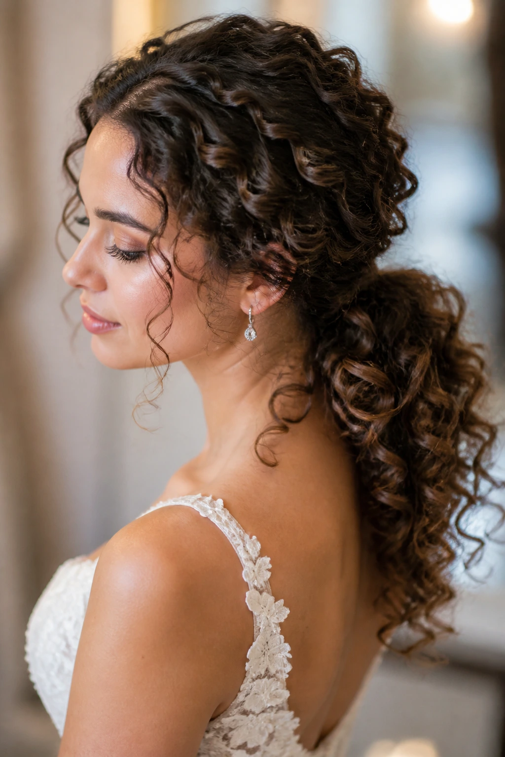 Close-up of a bride with curly low ponytail and defined ringlets at the nape