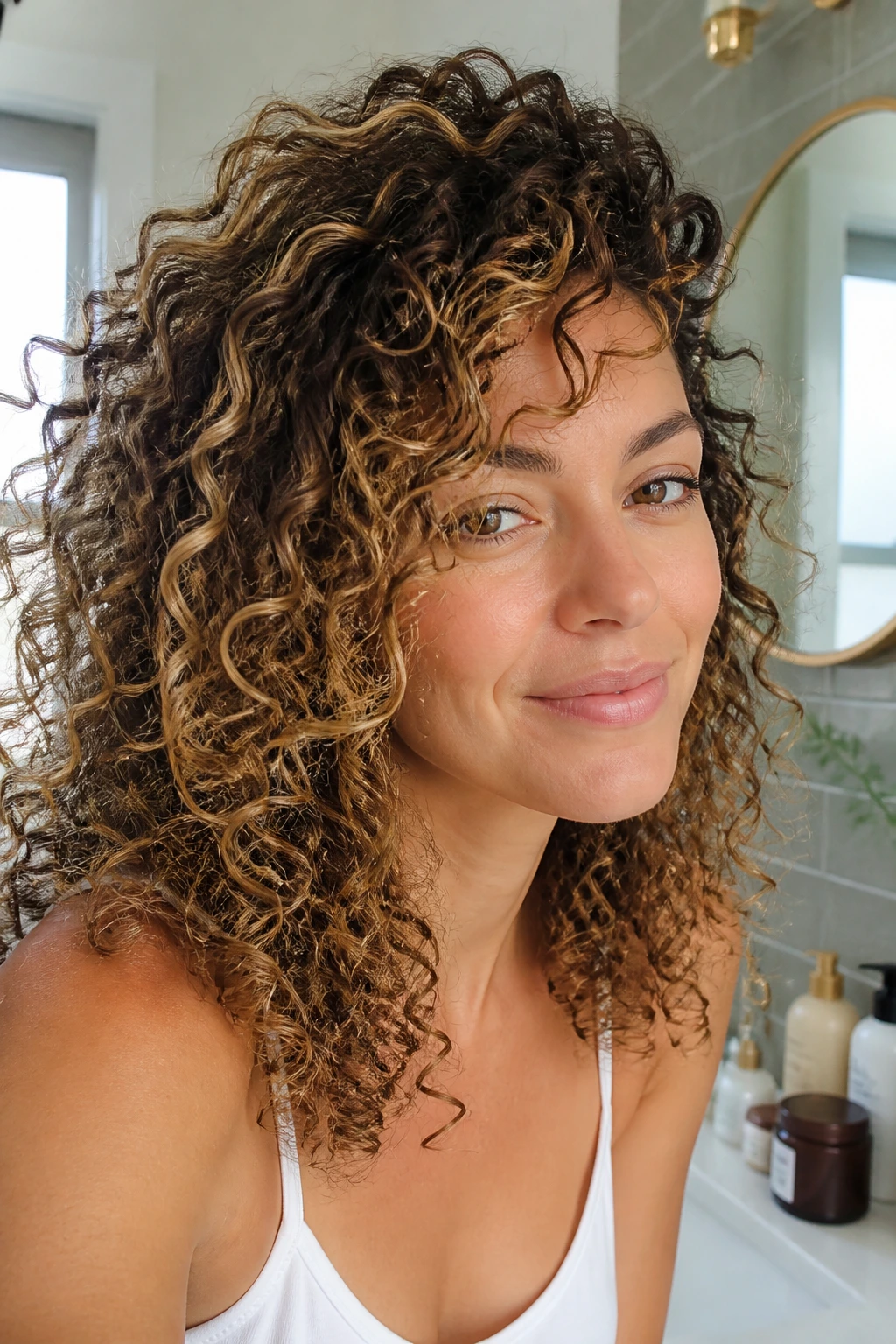 Close up portrait of a real person with curly hair showing fresh highlights between visits