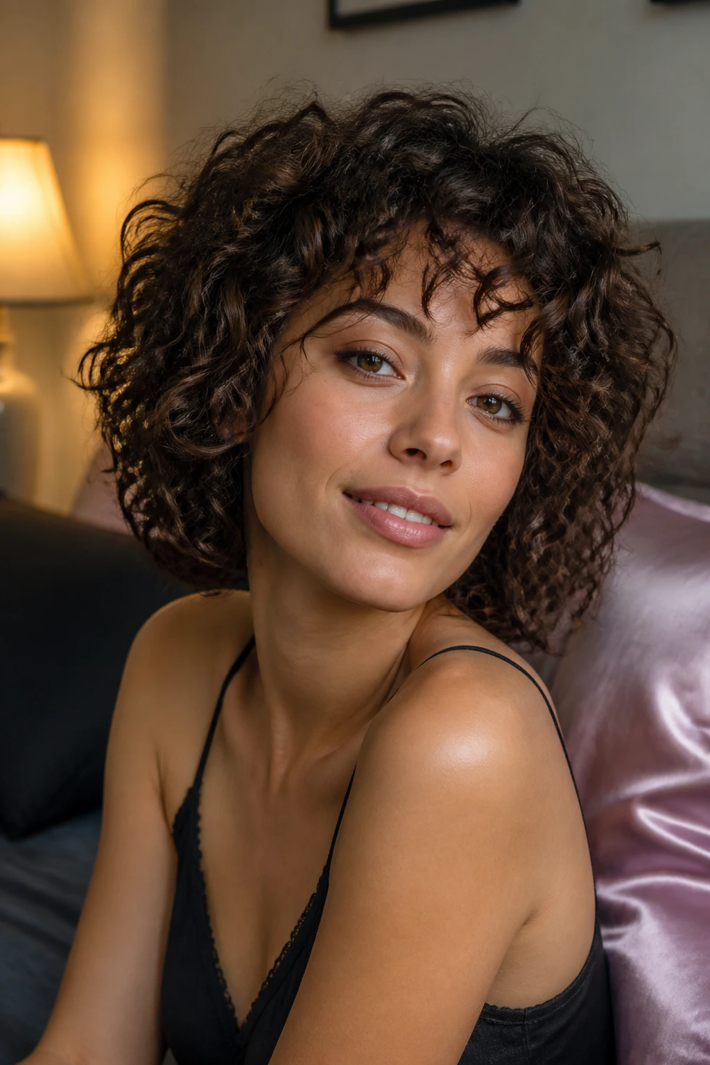 Woman with curly hair in a bedroom showing maintained choppy layers for between-trims care