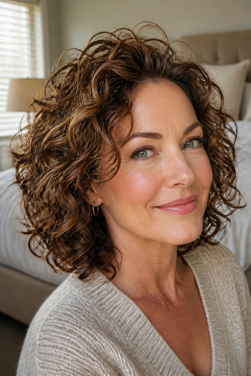 Close-up portrait of a real woman with shoulder-length curly hair showing lift at the crown
