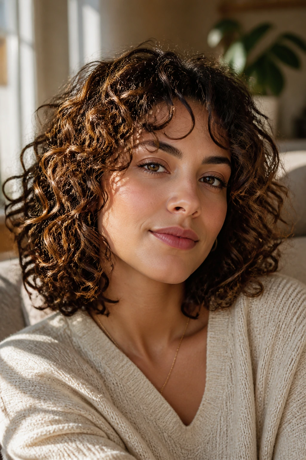 Close-up portrait of a real person with shoulder-length curly hair and defined curls