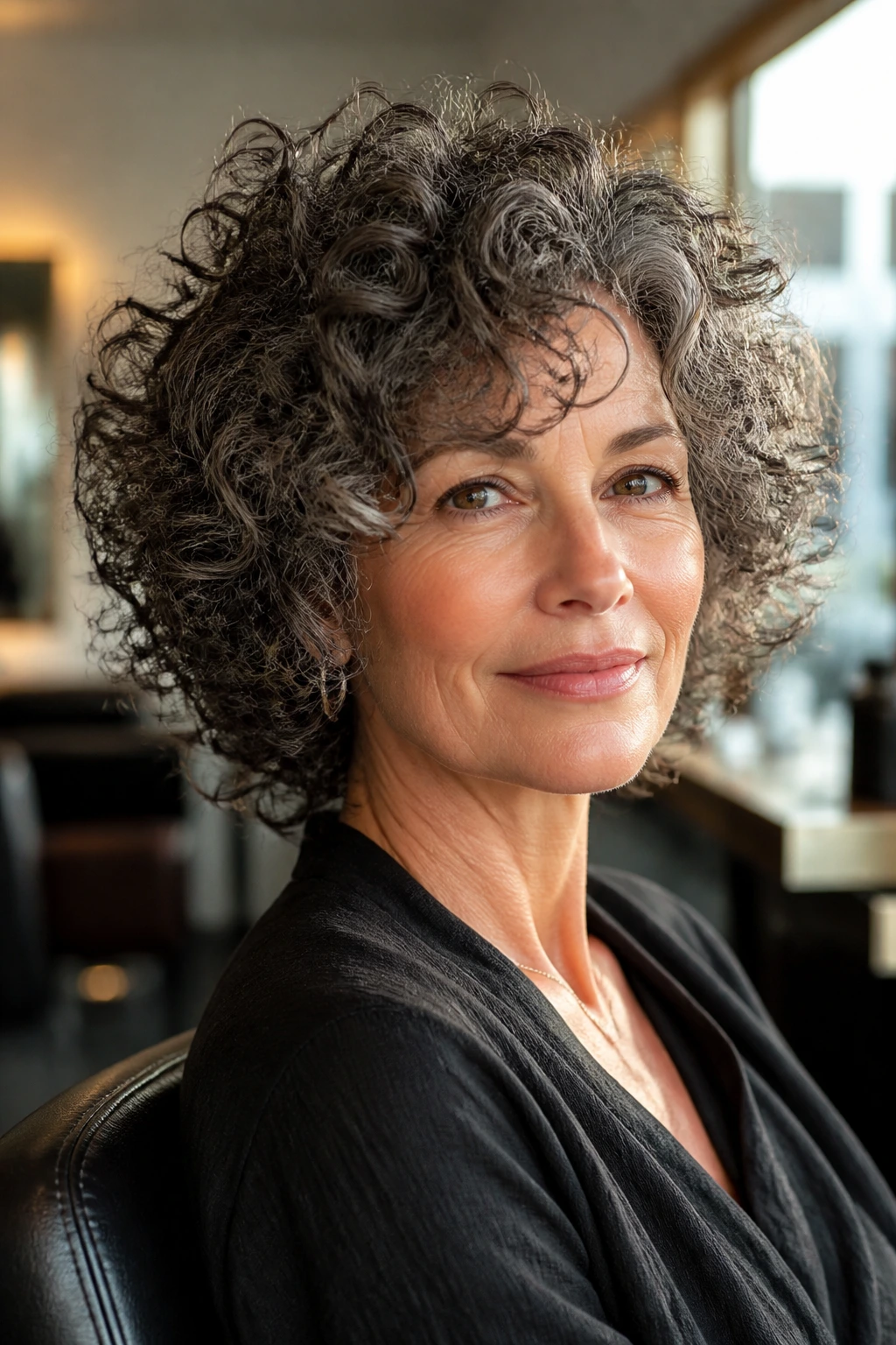 Close-up portrait of a real woman with natural curly hair in a salon, showcasing a shape that keeps curls moving.