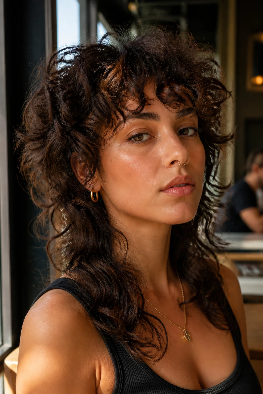 Portrait of a real woman with soft mullet-inspired layers on curly hair.