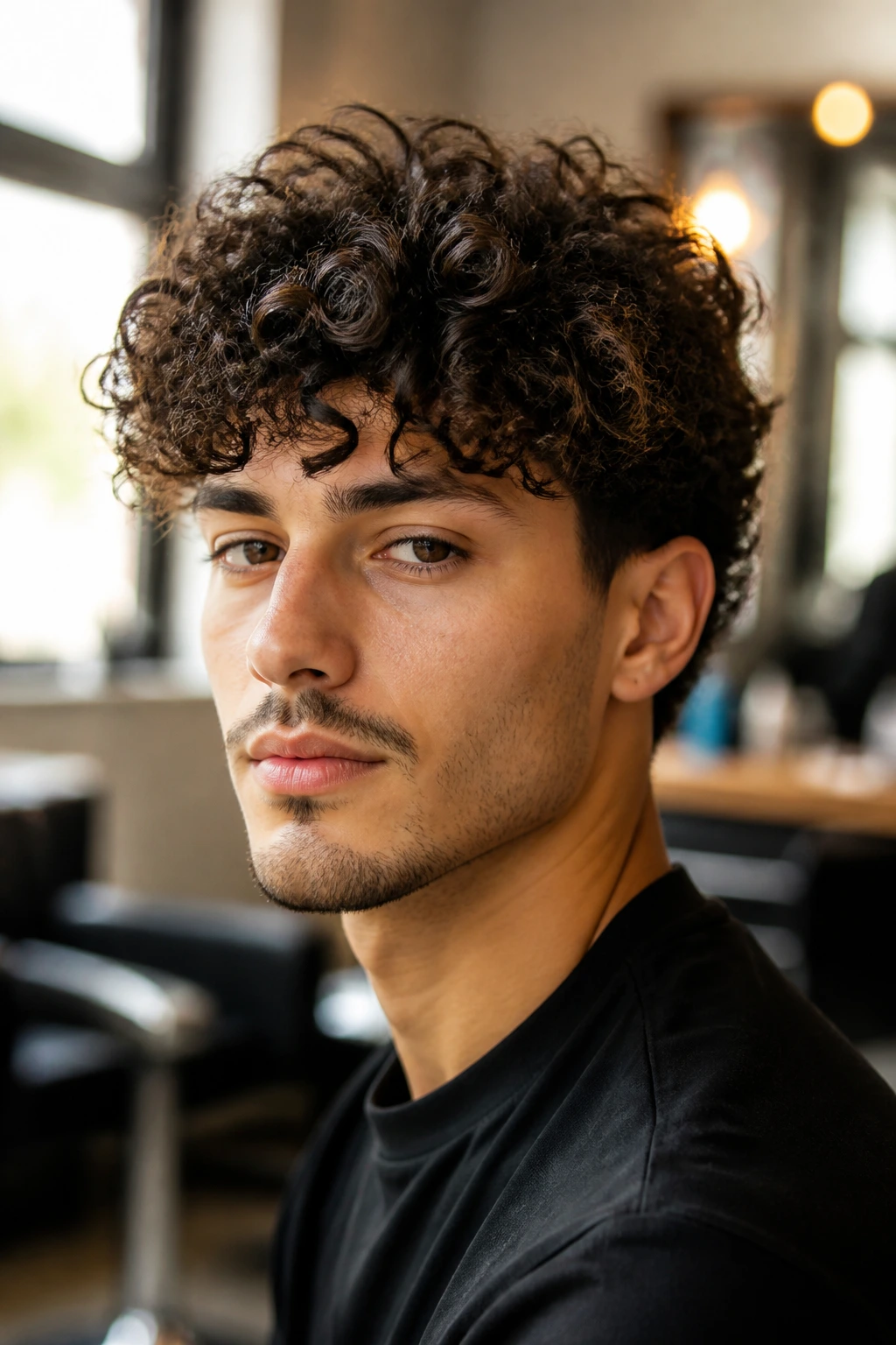Close-up portrait of a man with natural curly hair in a salon setting