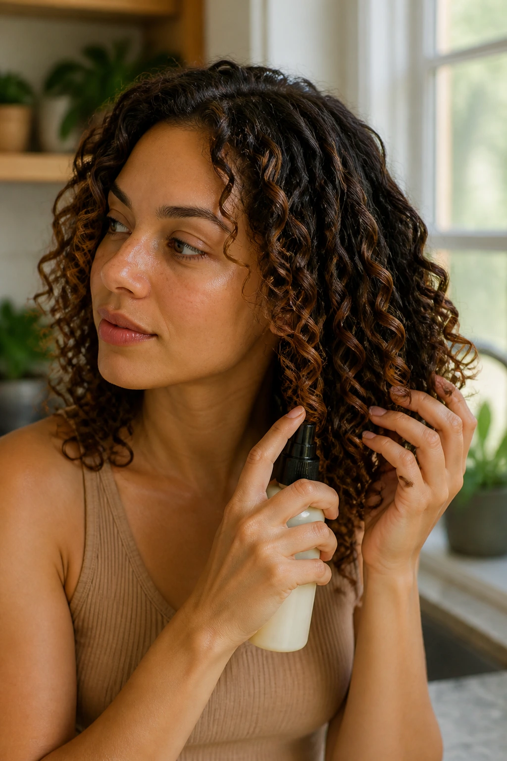 Close-up of a real person with defined curls prepared for styling on medium-length hair