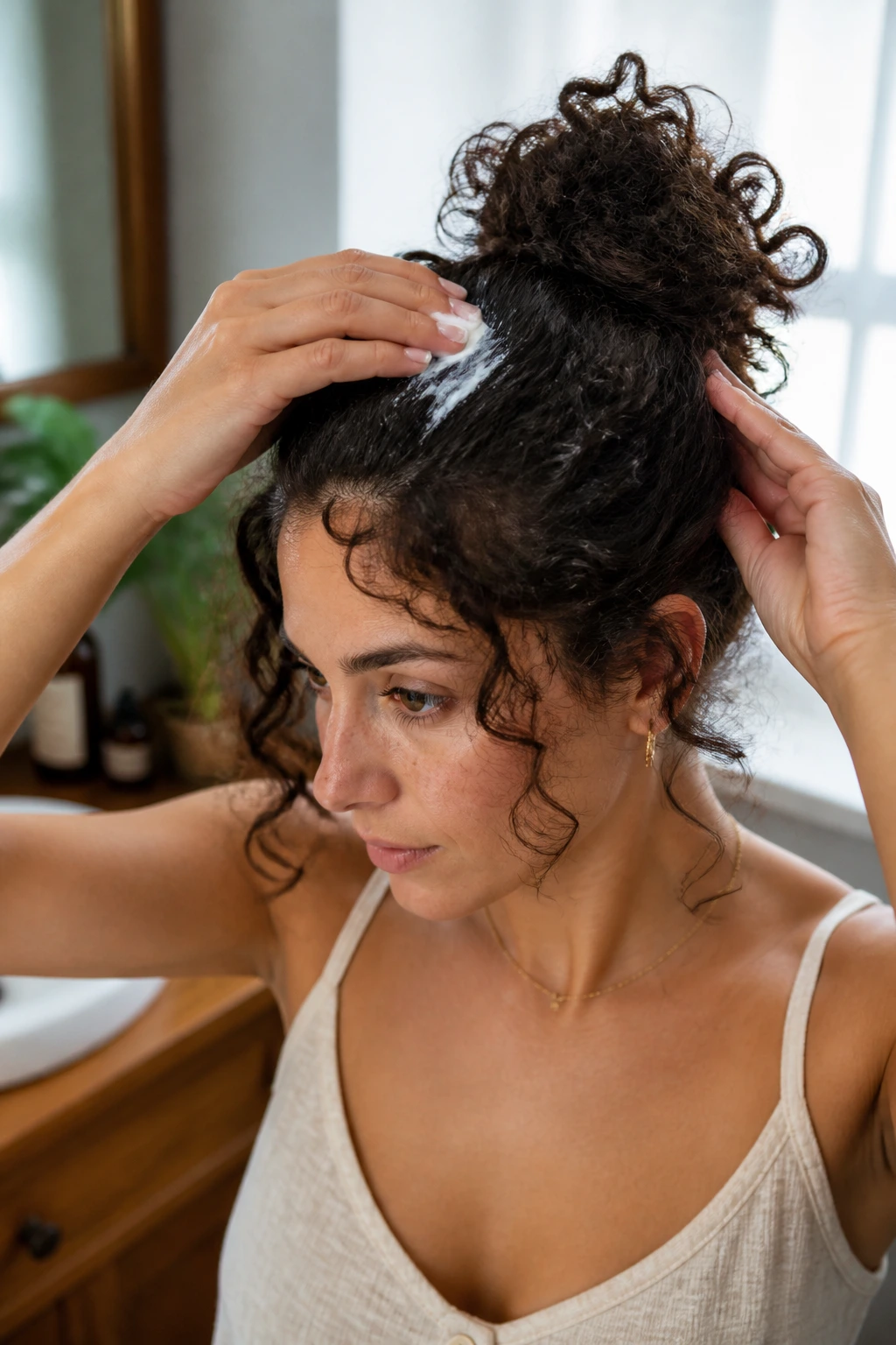 Close-up of a real woman with curly hair being prepped for an updo with product at the crown