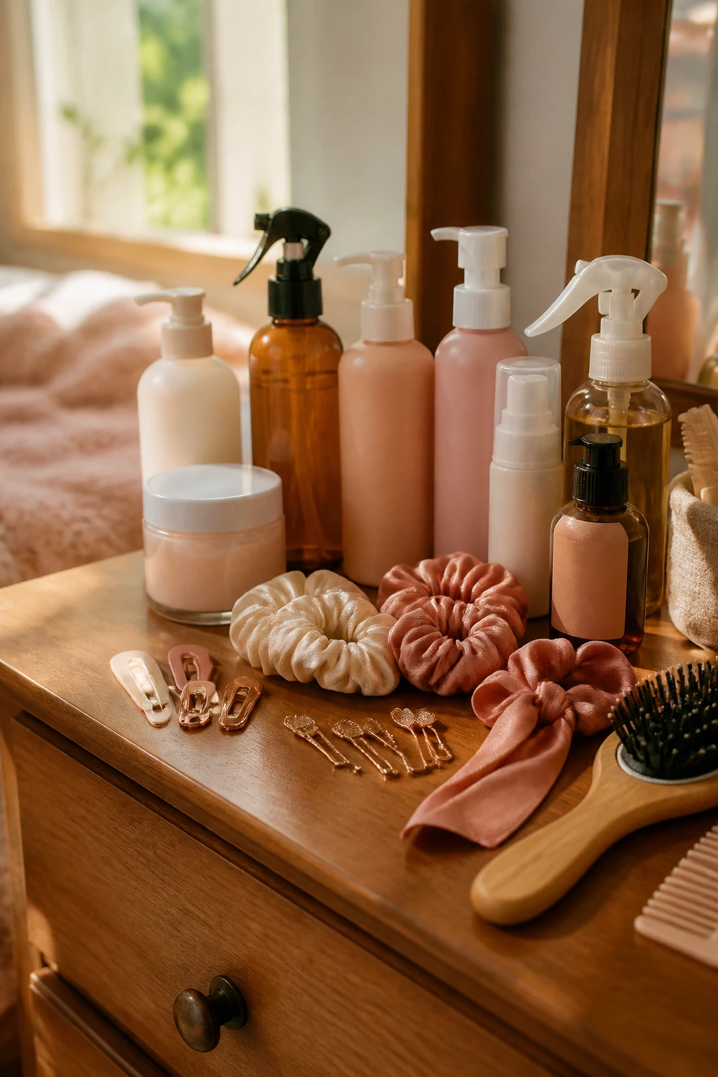 Close-up of curated curly hair products and accessories on a dresser