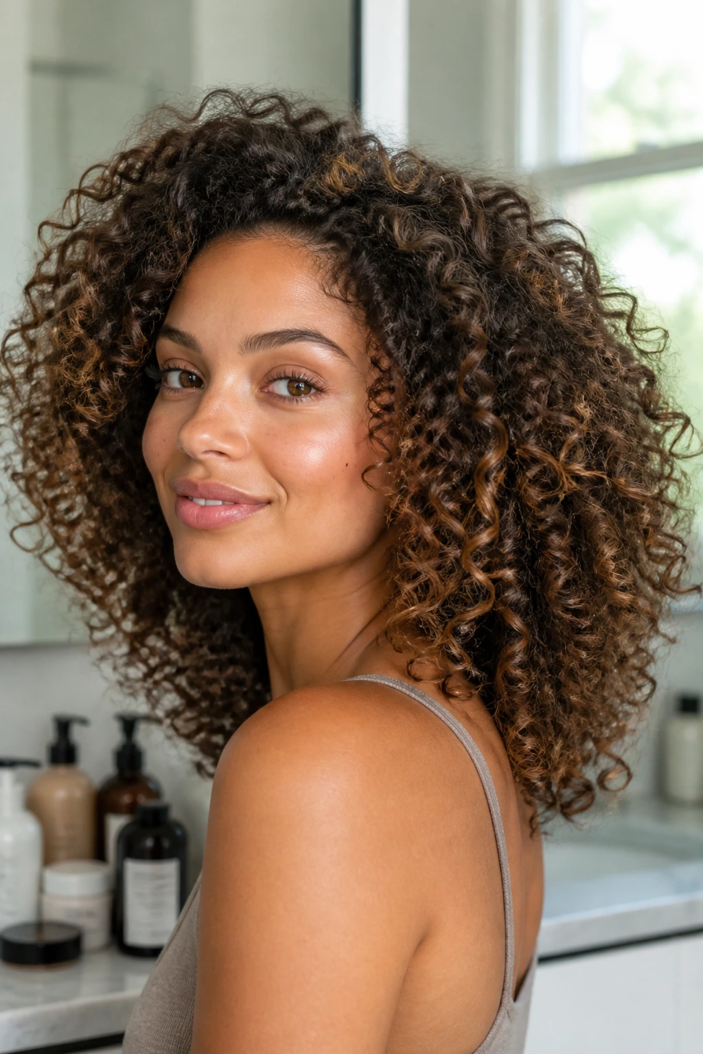 Portrait of a woman with bouncy curls in a bathroom setting with blurred product bottles in the background.