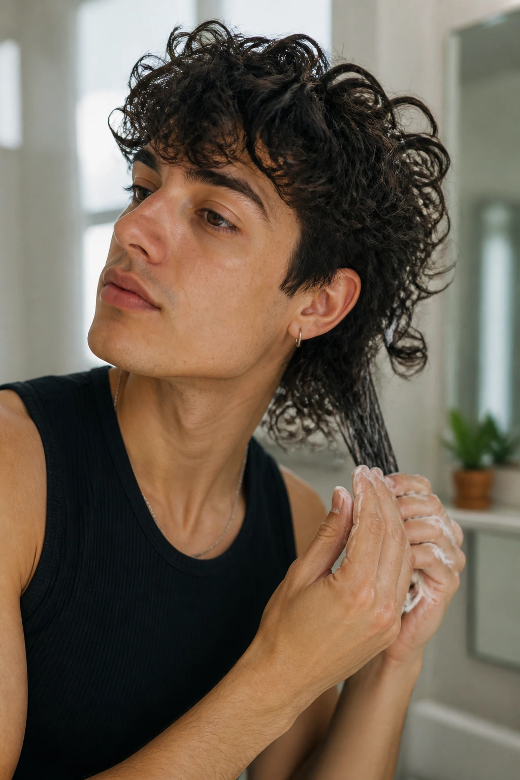 Close-up of curly hair being touched with product in a bathroom setting, highlighting texture.
