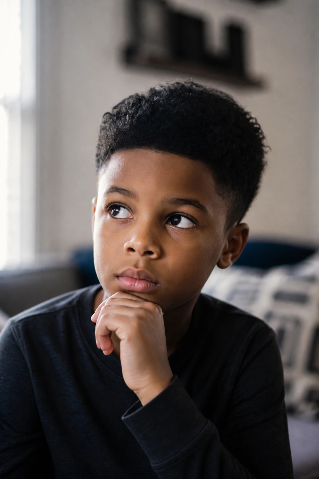 Close-up of a real Black boy contemplating curly haircuts in a home setting