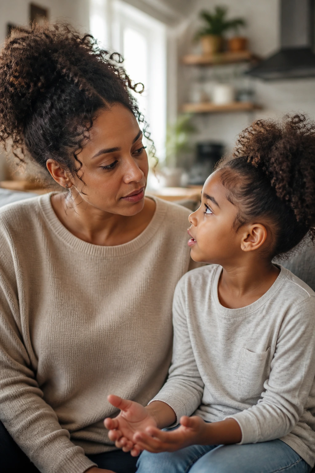 Parent and child in a cozy living room discuss curly hair questions.