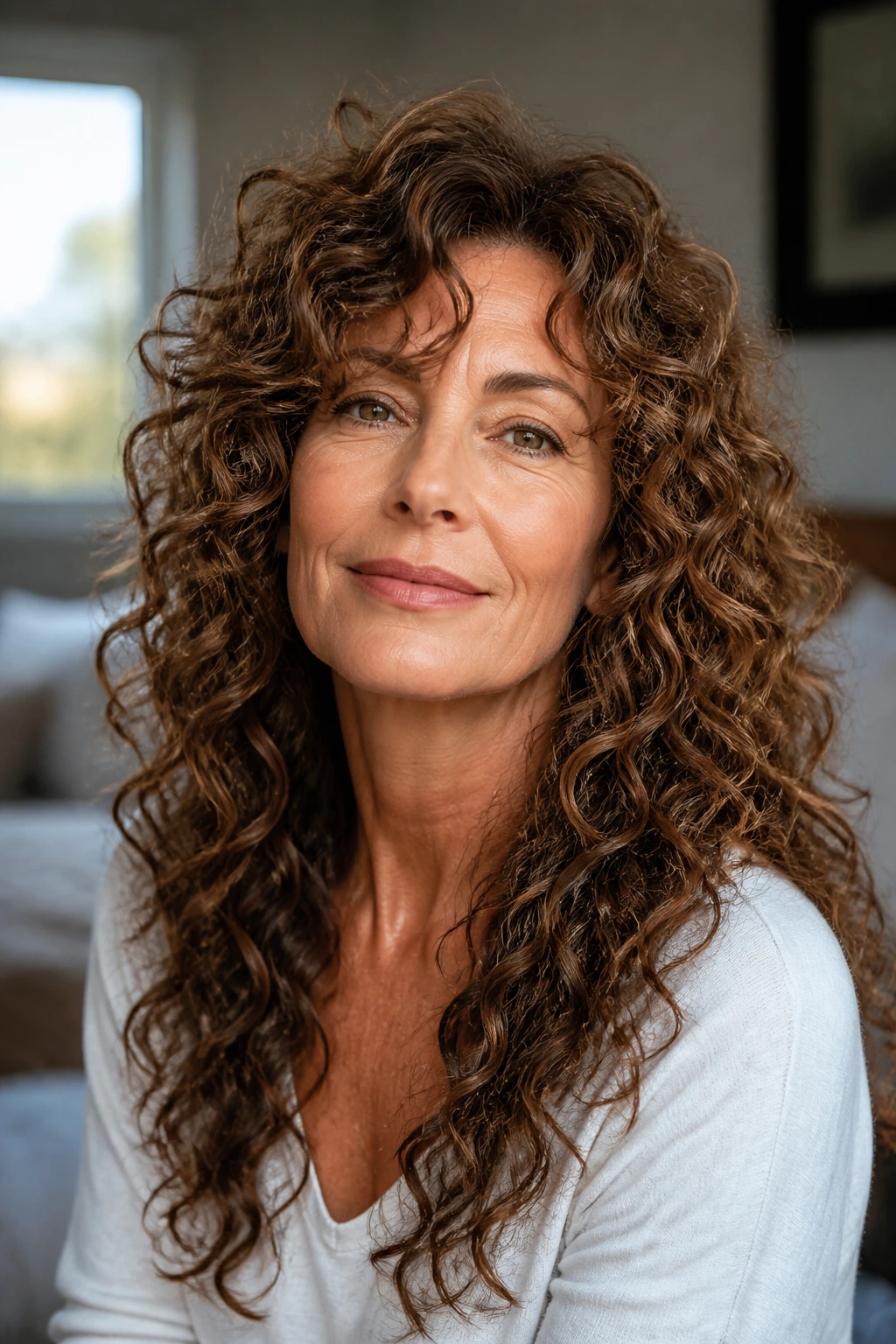 Close-up of real woman with long curly hair showing a layered cut