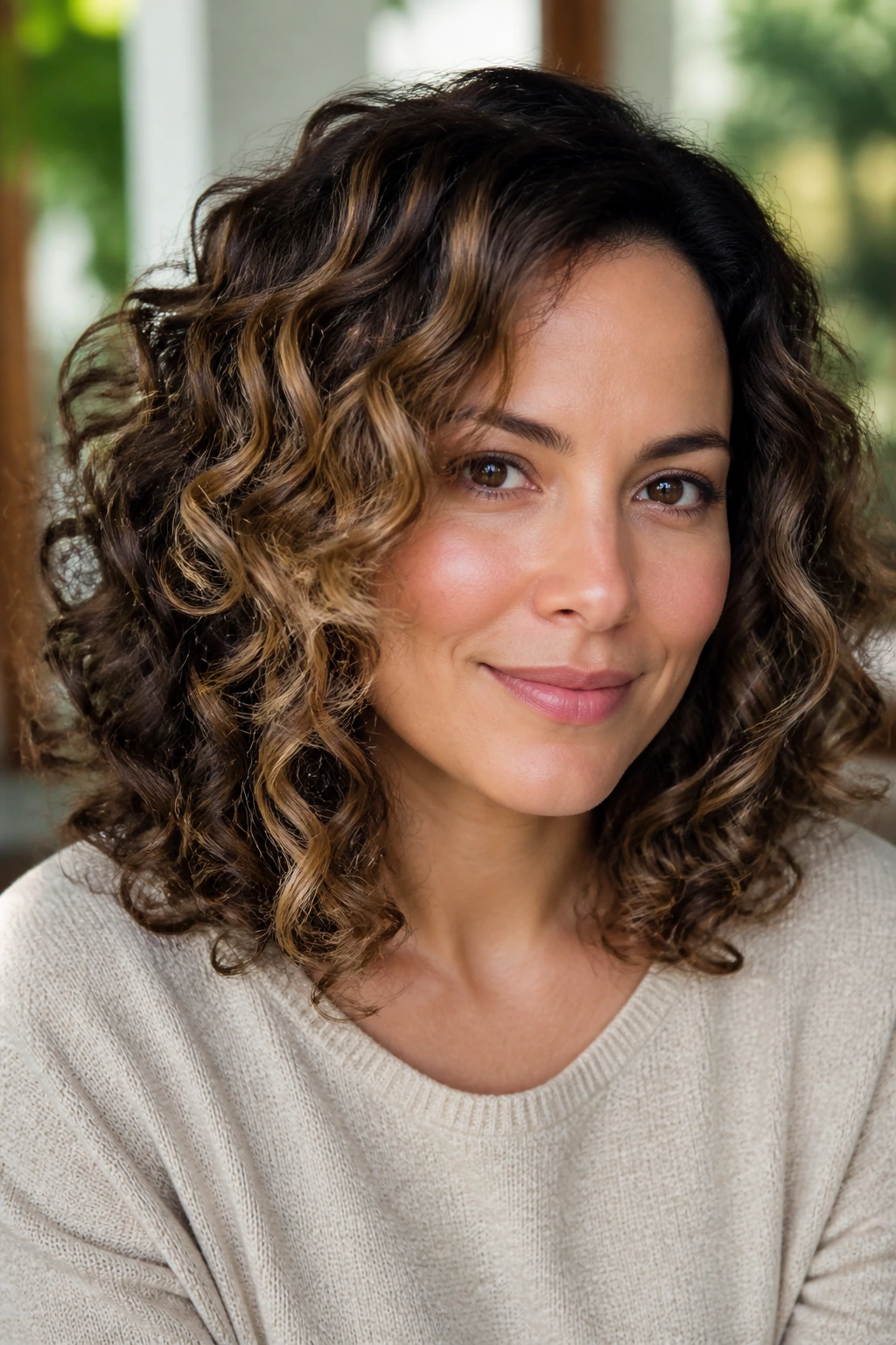 Close-up of curly hair with wider color ribbons visible through curls.