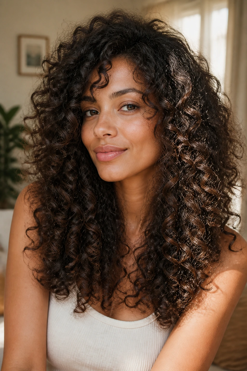 Close-up of a real woman with dense curls styled in rounded layers