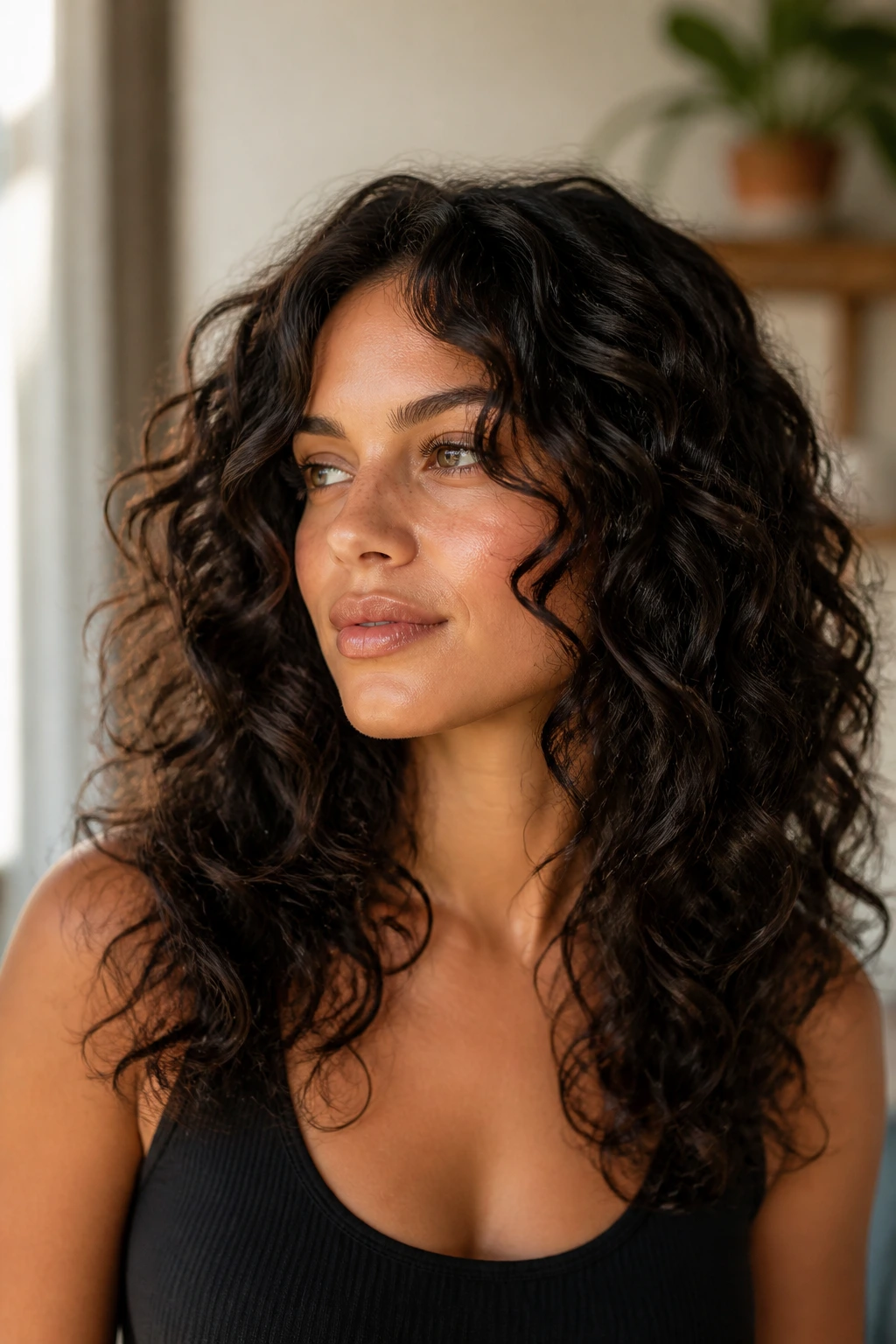 Portrait of a real woman with rounded layers reducing triangle shape in curly hair.