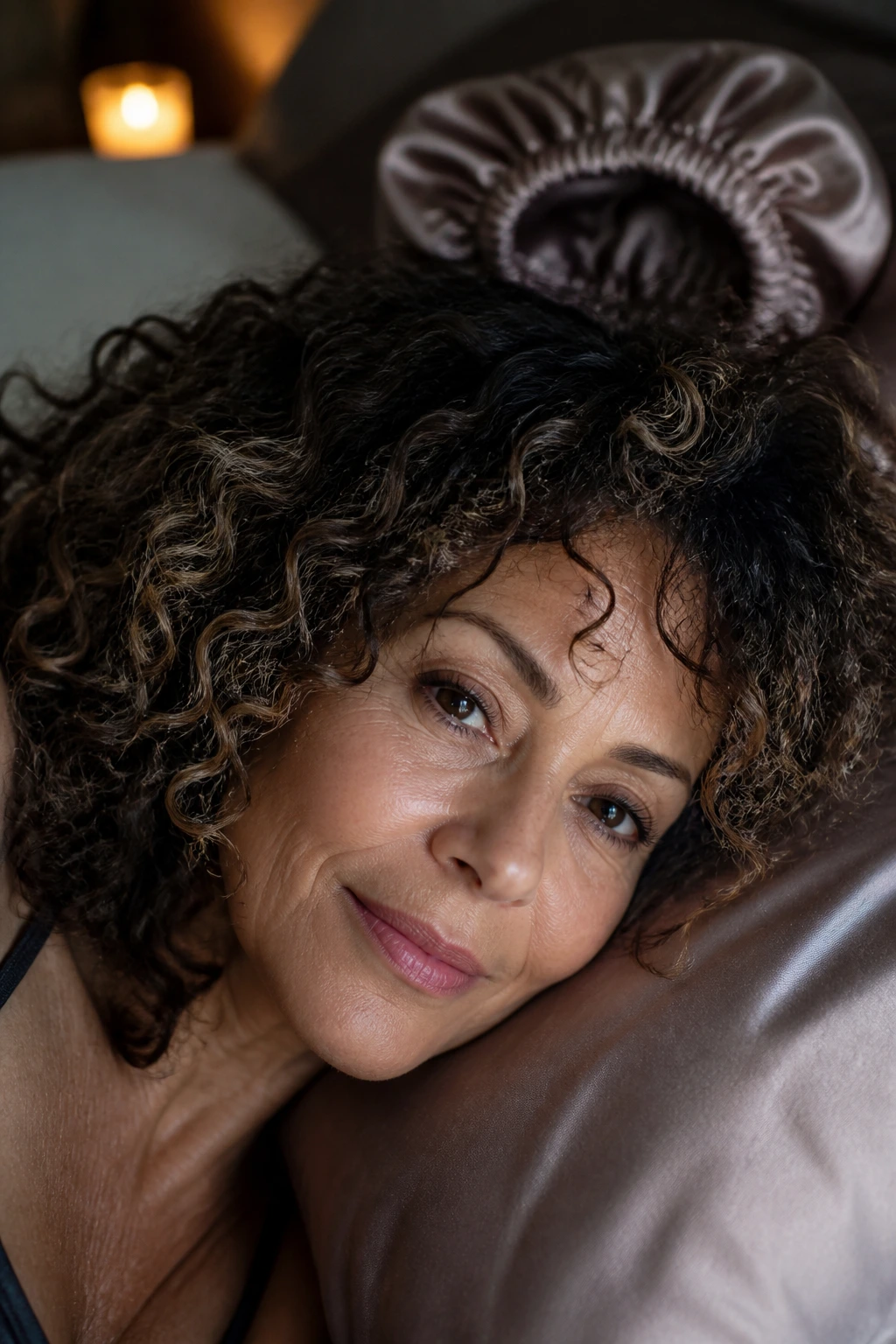 Close-up of a real woman with curls in a bedroom with a satin pillow and bonnet nearby