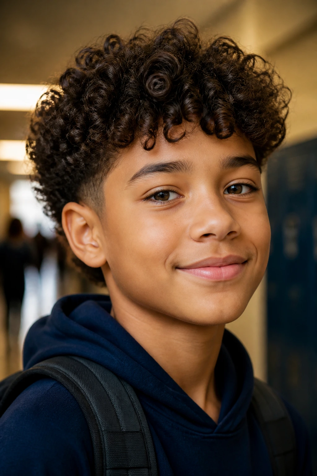 Close-up portrait of a schoolboy with curly hair in a school hallway