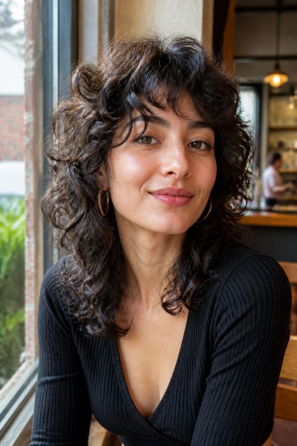 Real woman with curly shag and soft perimeter in cafe window light