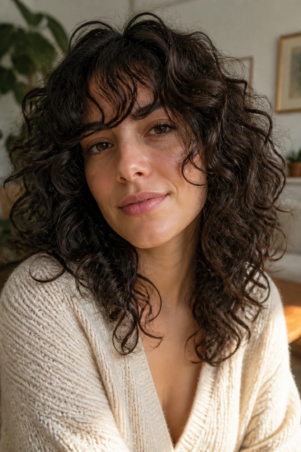 Close-up of a real person with thick curly shag hairstyle in warm window light