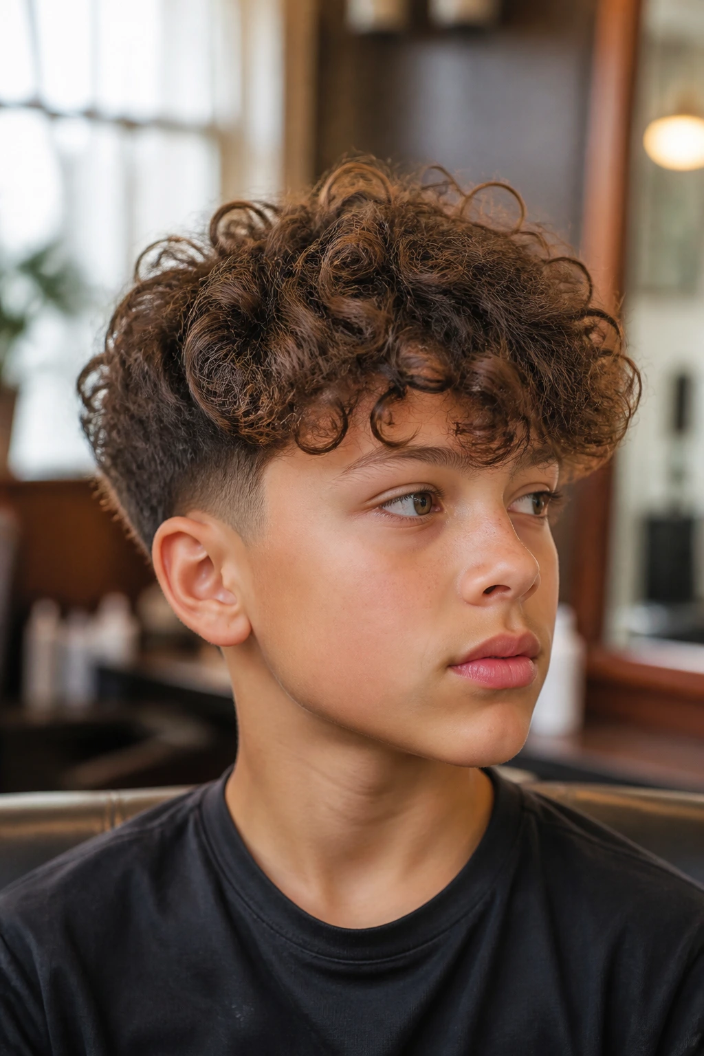 Three-quarter portrait of a boy with curly hair illustrating curl direction
