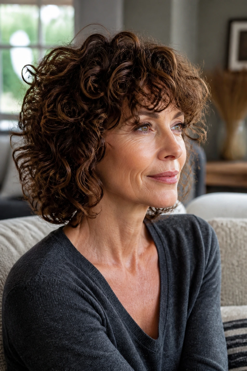 Close-up of a real woman with curly hair maintaining shape between salon visits