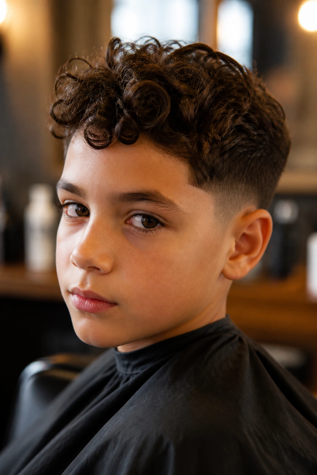 Close-up of a real boy with a shaped curly haircut showing defined perimeter