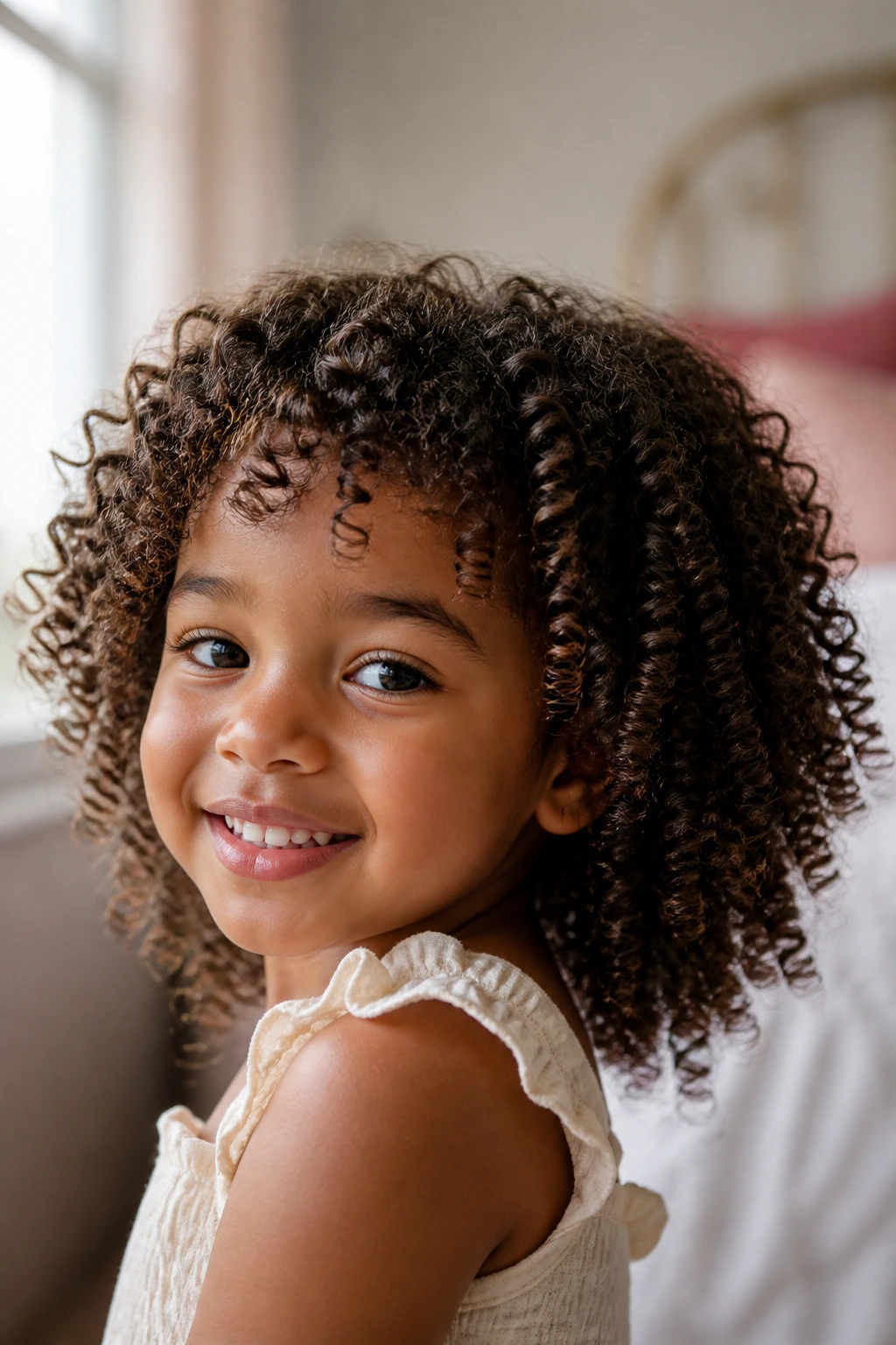 Close-up of a little girl's curly hair showing natural shape and bounce in soft bedroom light