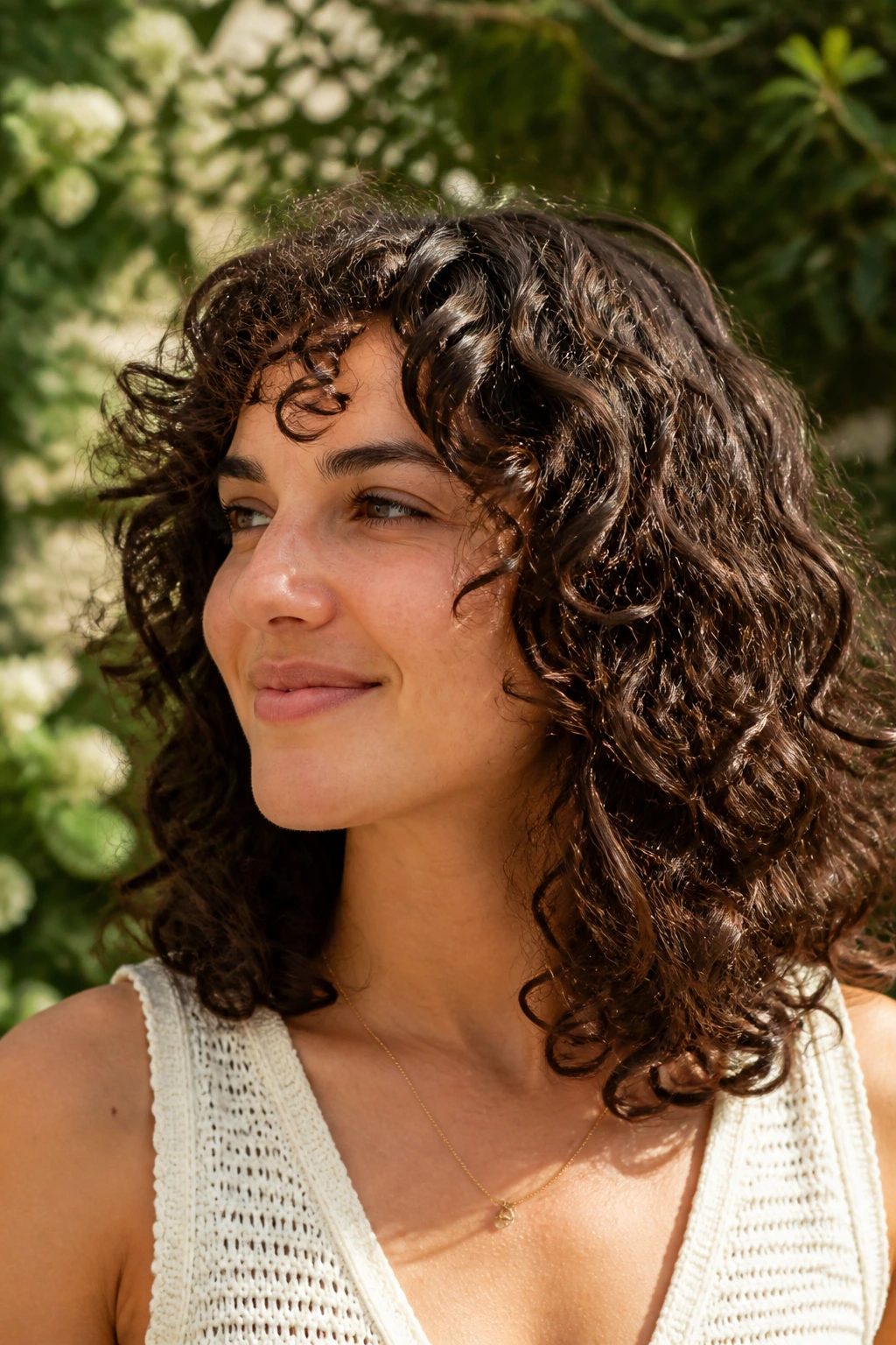 Portrait of a real woman with shelf layers in curly hair.