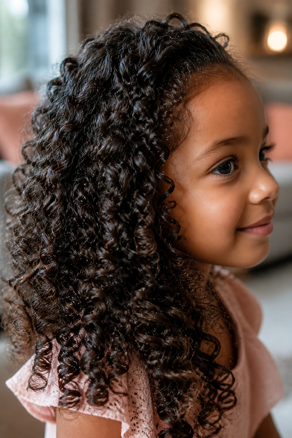 Close-up of a child’s curly hair with healthy shine and minimal frizz