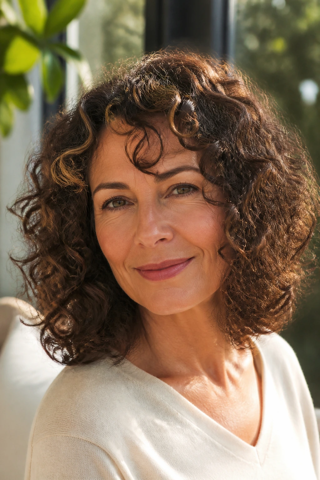 Portrait of woman with curly shoulder cut and dry-cut layers.
